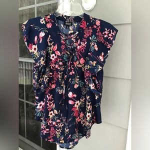 a.n.a A New Approach Womens XS tie V Neck flare Sleeve Top Floral Navy Blue EUC